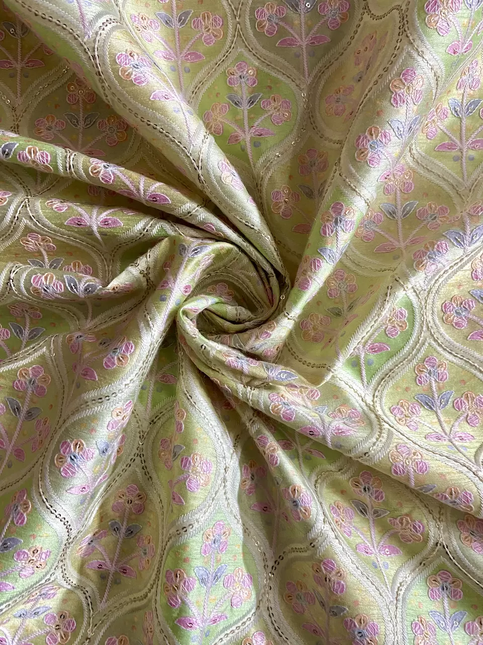 silk raw material | raw silk material | silk blouse piece | Green Floral Printed with Thread & Sequin Embroidery on Raw Silk Material