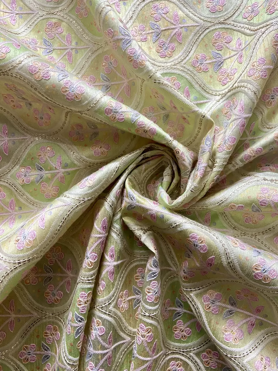 Green Floral Printed with Thread & Sequin Embroidery on Raw Silk Material