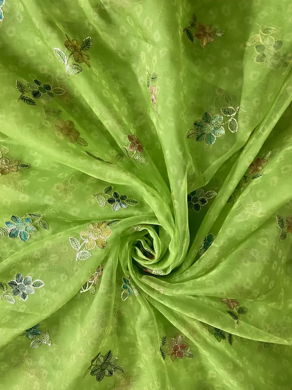 Green Bandhani Printed Organza Fabric with Floral Thread work with Buti All Over