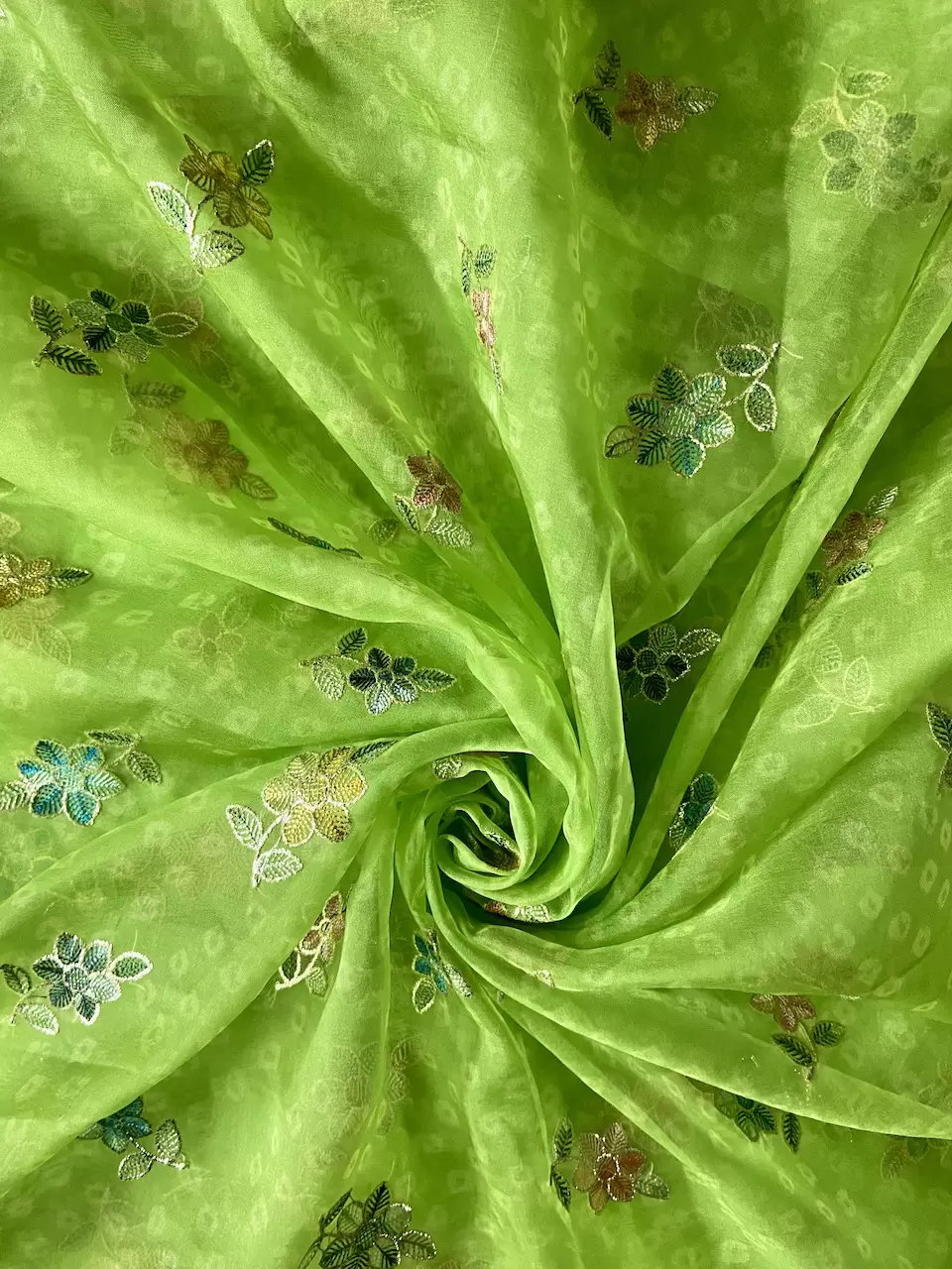 Green Bandhani Printed Organza Fabric with Floral Thread work with Buti All Over