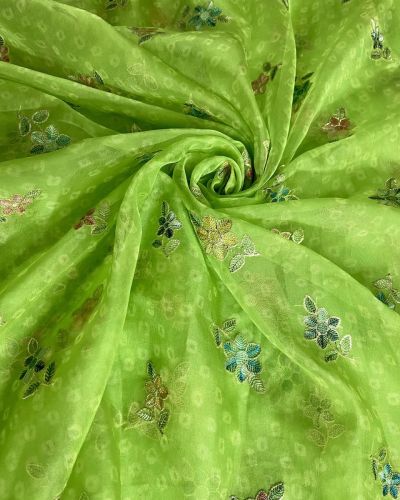 Green Bandhani Printed Organza Fabric with Floral Thread work with Buti All Over