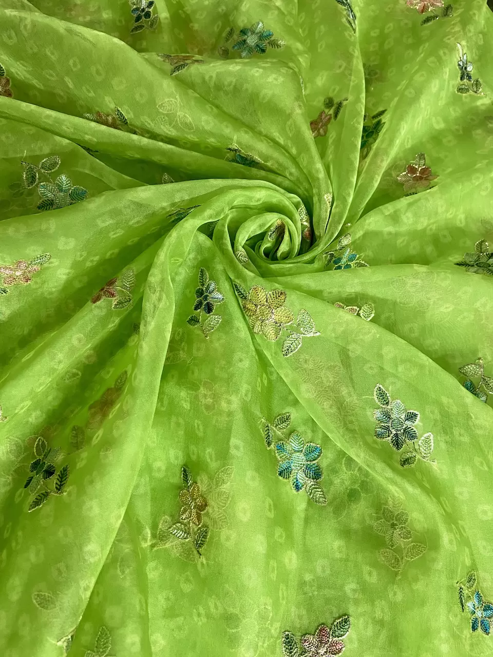 Green Bandhani Printed Organza Fabric with Floral Thread work with Buti All Over