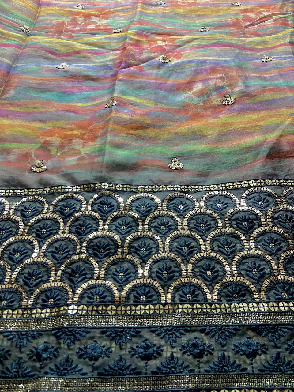 Multi Coloured Abstract Printed Organza With Heavy Thread & Sequin Border with Buti all Over