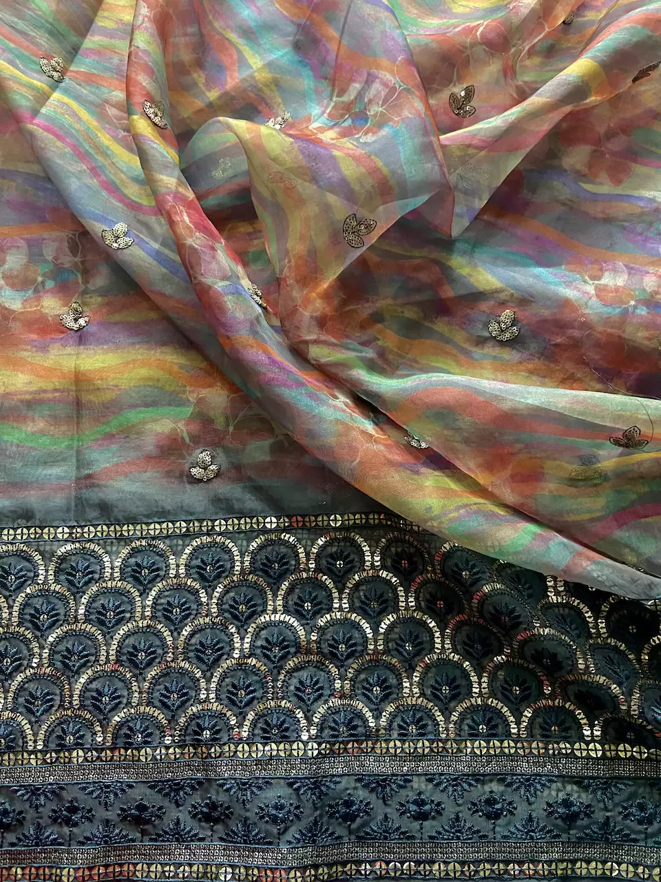 Multi Coloured Abstract Printed Organza With Heavy Thread & Sequin Border with Buti all Over