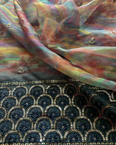 Multi Coloured Abstract Printed Organza With Heavy Thread & Sequin Border with Buti all Over