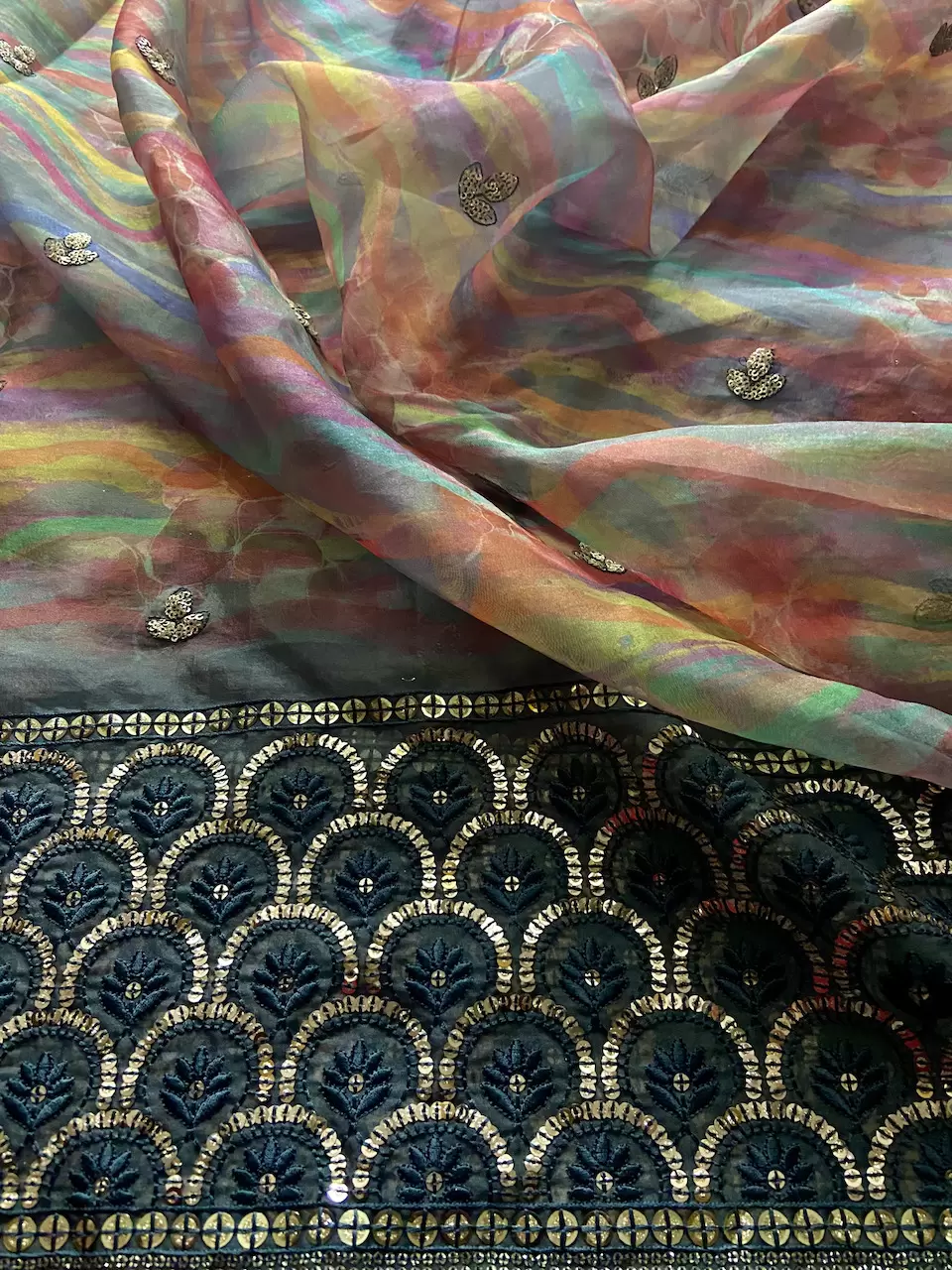organza printed saree | printed organza fabric | Multi Coloured Abstract Printed Organza With Heavy Thread & Sequin Border with Buti all Over