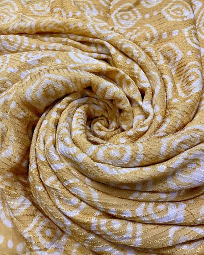 Yellow Malmal Silk Embroidered Batik Print