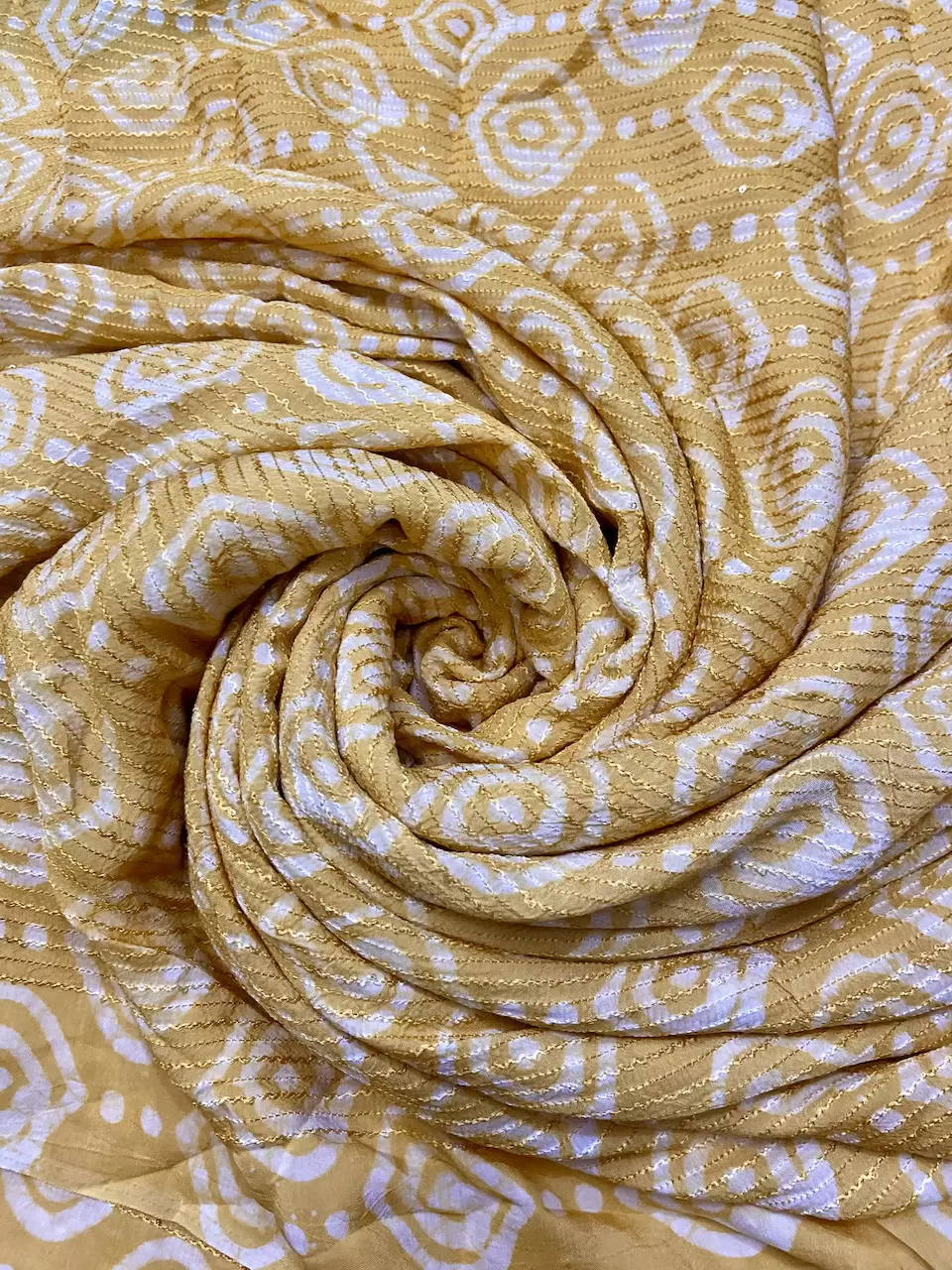 Yellow Malmal Silk Embroidered Batik Print