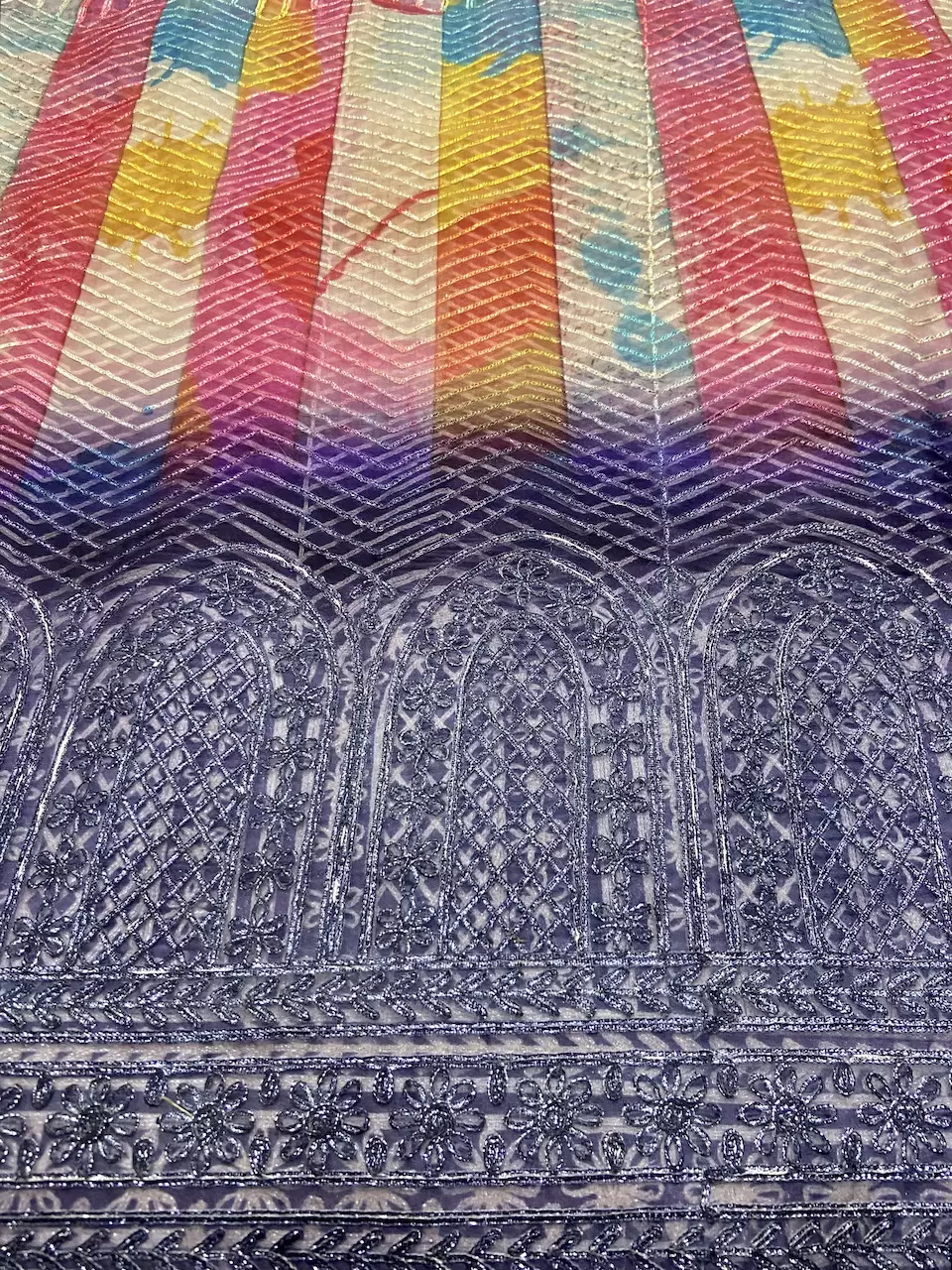 Multi coloured Abstract Print Organza with Gota Embroidered all over