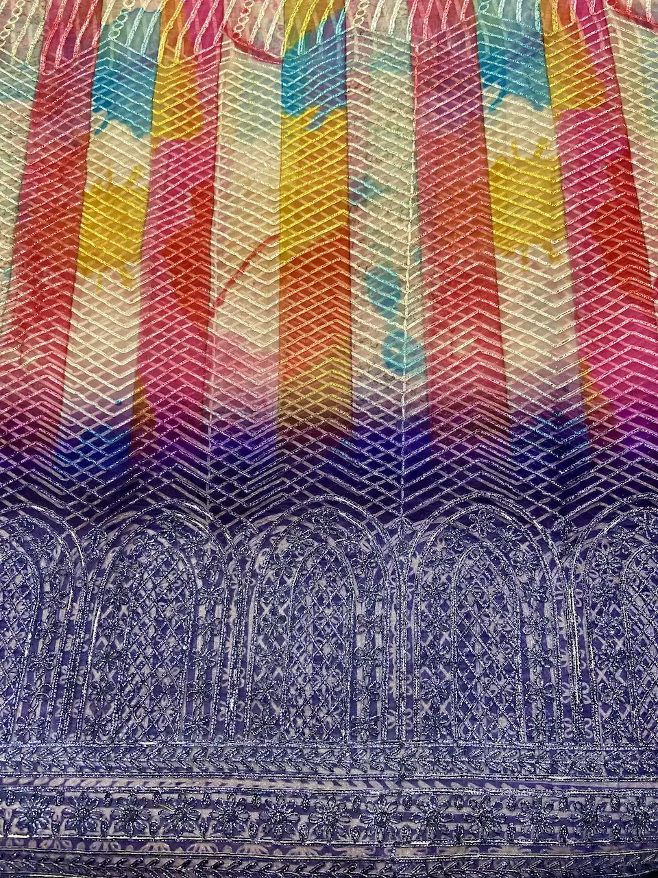 Multi coloured Abstract Print Organza with Gota Embroidered all over
