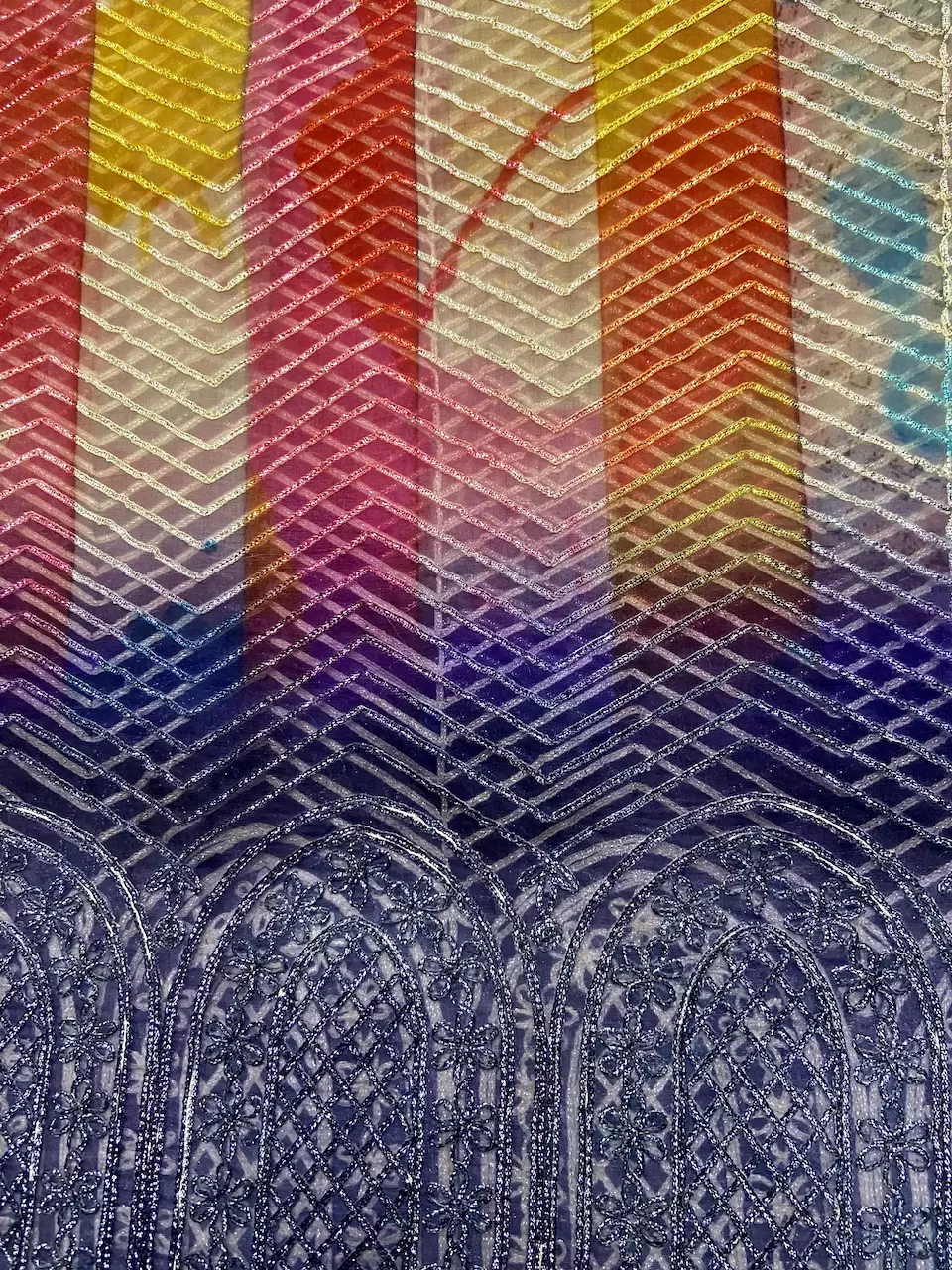 Multi coloured Abstract Print Organza with Gota Embroidered all over