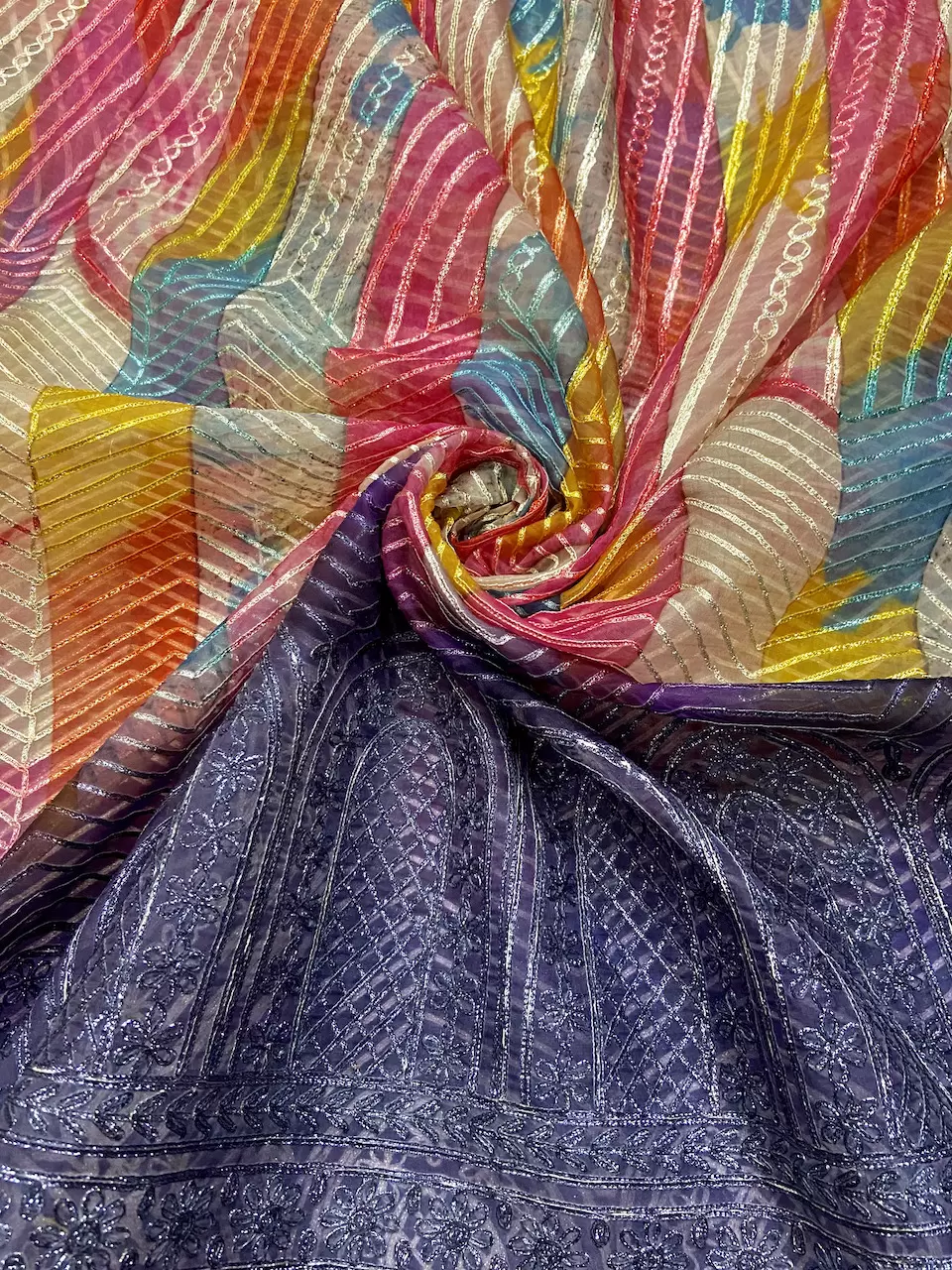 Multi coloured Abstract Print Organza with Gota Embroidered all over