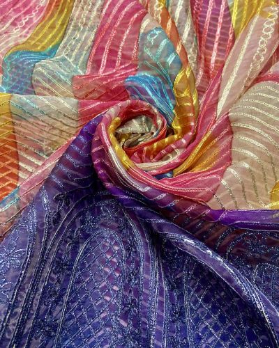 Multi coloured Abstract Print Organza with Gota Embroidered all over