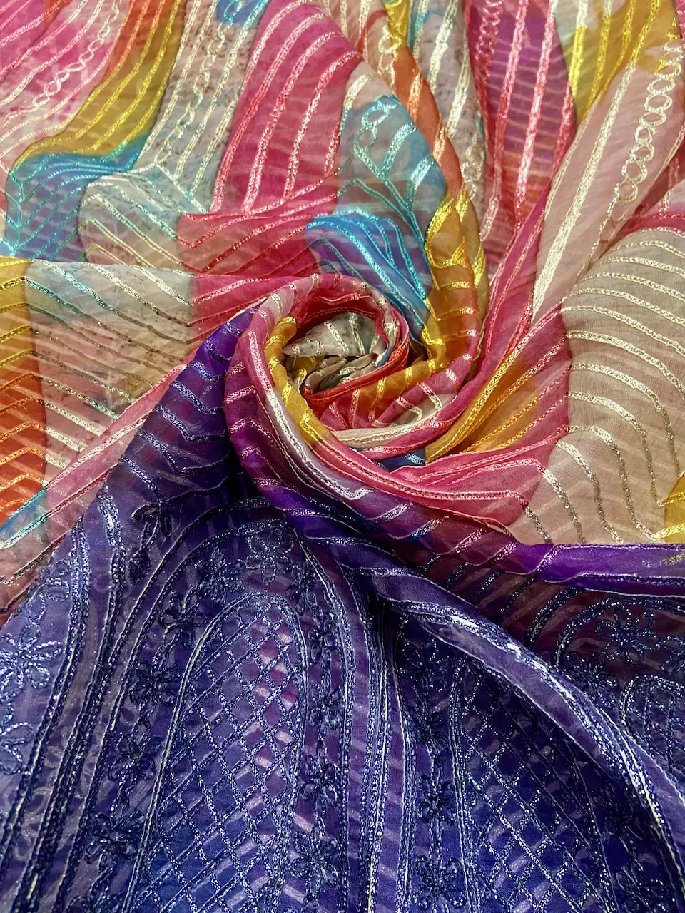 Multi coloured Abstract Print Organza with Gota Embroidered all over