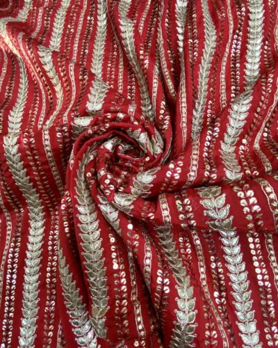 Heavy Bridal Zari & Sequin Embroidery on Red Chinon Fabric