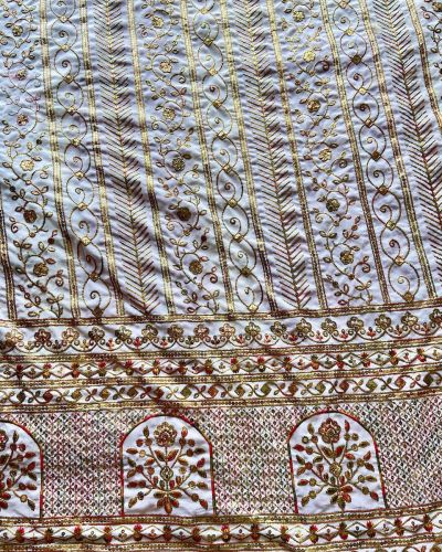 Heavy Antique Finish Sequin Embroidery in Traditional Mughal Pattern On White Georgette