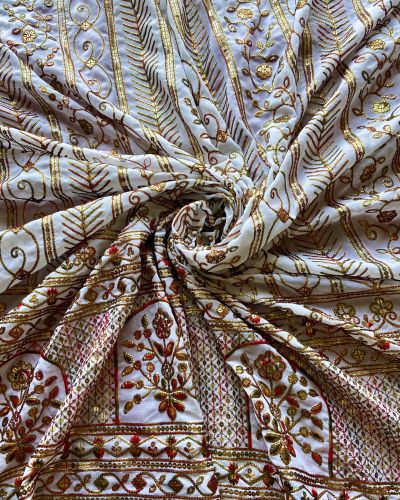 Heavy Antique Finish Sequin Embroidery in Traditional Mughal Pattern On White Georgette