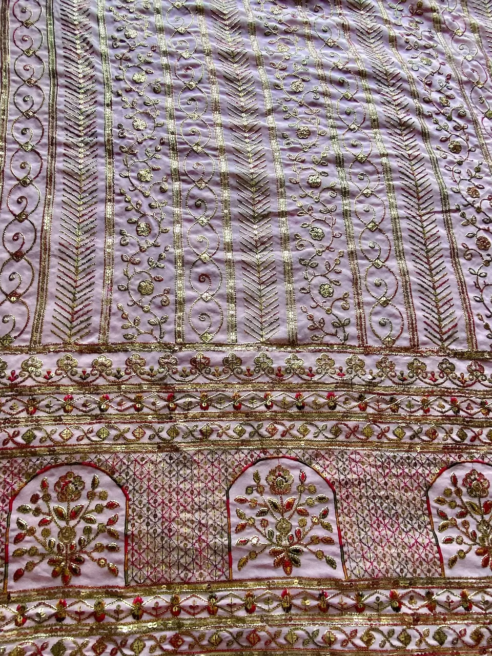 Heavy Antique Finish Sequin Embroidery in Traditional Mughal Pattern in Pink Georgette