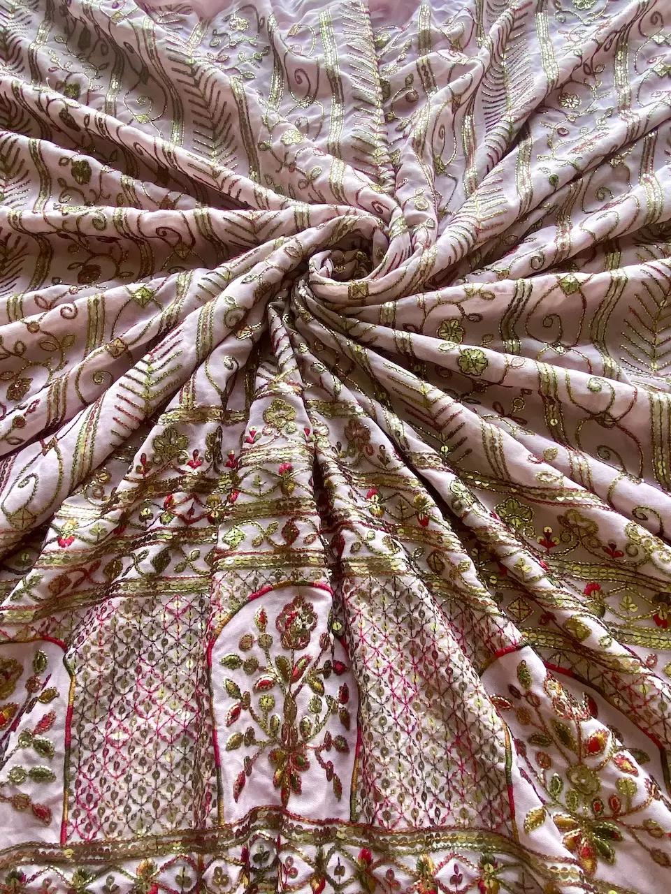 pink georgette fabric | georgette fabric | Heavy Antique Finish Sequin Embroidery in Traditional Mughal Pattern in Pink Georgette