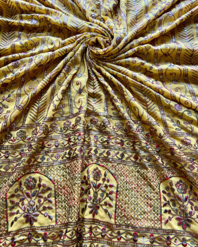 Heavy Antique Finish Sequin Embroidery in Traditional Mughal Pattern on Yellow Georgette
