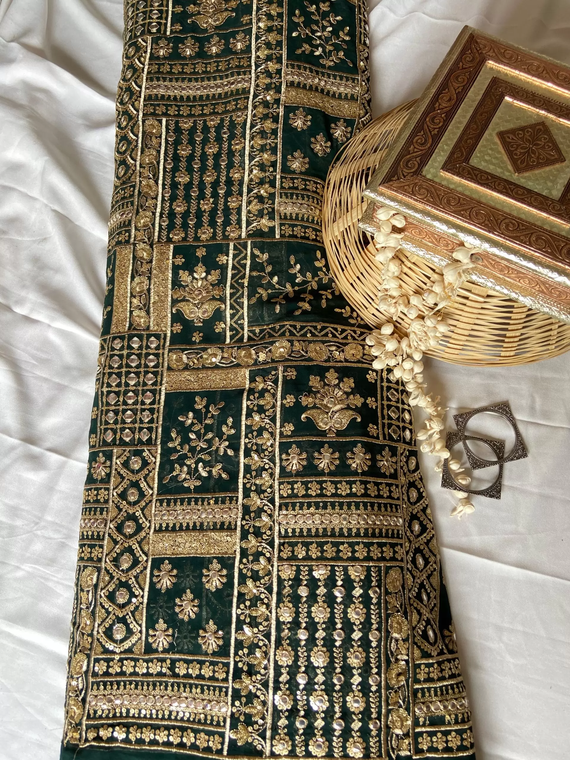 Heavy Gold Zari & Sequin Embroidery on Bottle Green Georgette