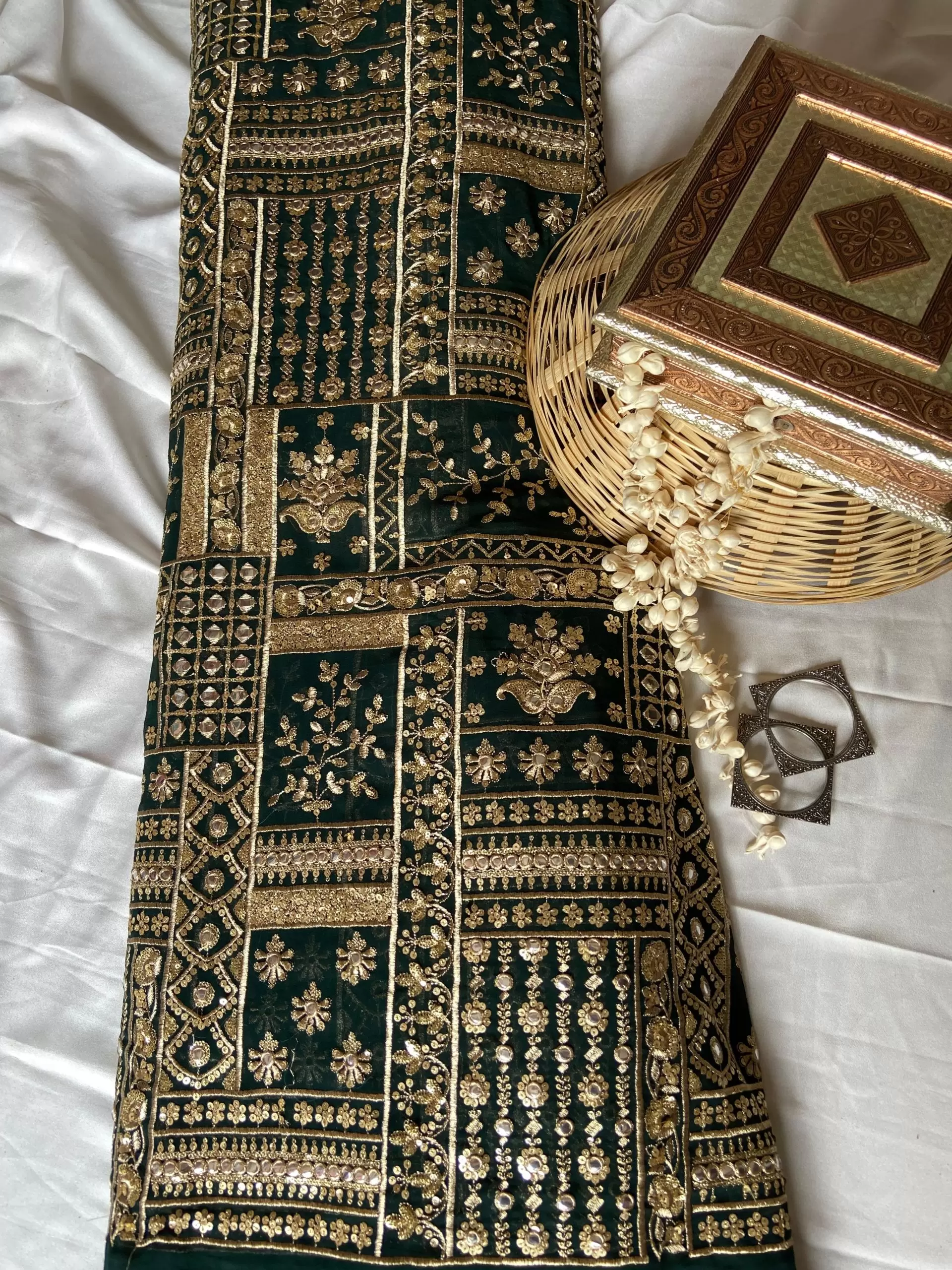 Heavy Gold Zari & Sequin Embroidery on Bottle Green Georgette