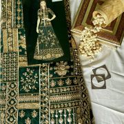 Heavy Gold Zari & Sequin Embroidery on Bottle Green Georgette