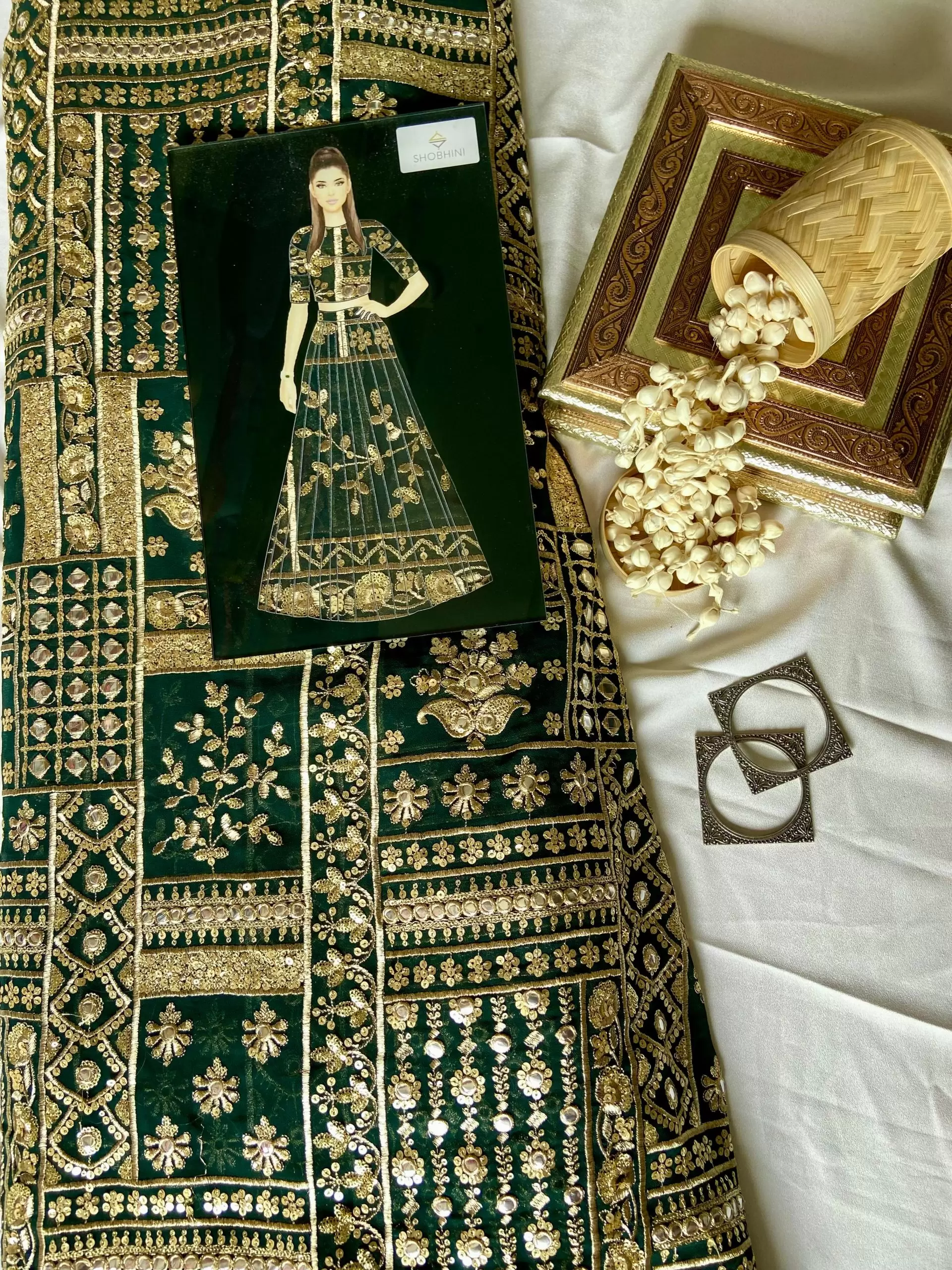 Heavy Gold Zari & Sequin Embroidery on Bottle Green Georgette