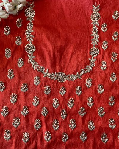 Red Heavy Zardozi All over Buti Design Hand Embroidered On Unstitched Blouse Piece