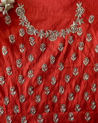 Red Heavy Zardozi All over Buti Design Hand Embroidered On Unstitched Blouse Piece