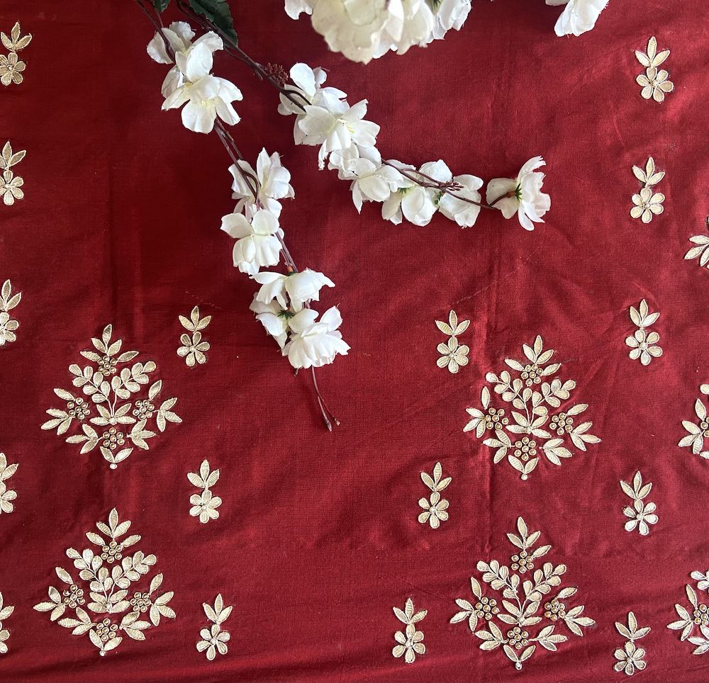 Blood Red Big Buta Design Hand Embroidered On Unstitched Blouse Piece