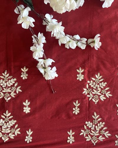 Blood Red Big Buta Design Hand Embroidered On Unstitched Blouse Piece