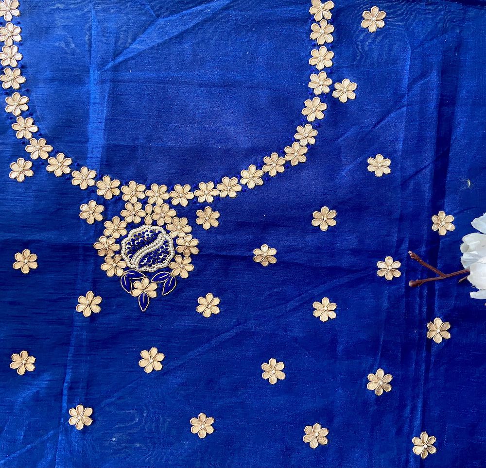 All Over Buti Design Zardozi, Pearl & Gota Hand Embroidered On Unstitched Royal Blue Blouse Piece