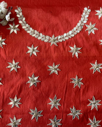 All Over Buta Design Hand Embroidered On Unstitched Red Blouse Piece