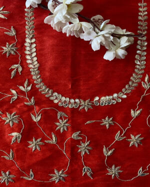 Deep Red All Over Big Buti Embroidered On Unstitched Blouse Piece