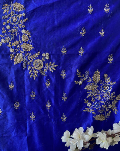 Royal Blue Aari & Zardozi Gota & Dabka Hand Embroidered On Unstitched Blouse Piece