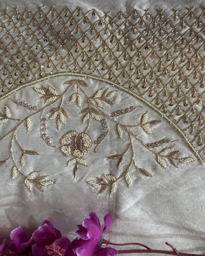 Cream Heavy Zardozi Hand Embroidered Floral and Jaal Design Unstitched Blouse Piece