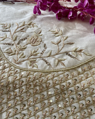 Cream Heavy Zardozi Hand Embroidered Floral and Jaal Design Unstitched Blouse Piece