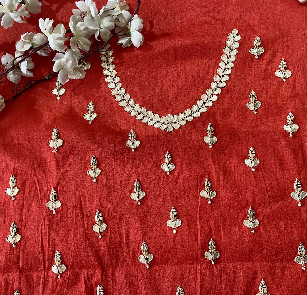 Bright Red Buti Design Zardozi and Gota Hand Embroidered on Unstitched Blouse Piece