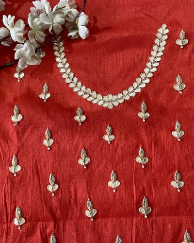 Bright Red Buti Design Zardozi and Gota Hand Embroidered on Unstitched Blouse Piece