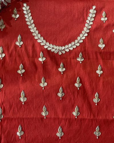 Bright Red Buti Design Zardozi and Gota Hand Embroidered on Unstitched Blouse Piece