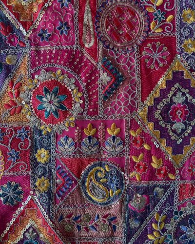 Multicoloured Thread With Gold Sequence Traditional Embroidery On Pink Viscose Georgette Fabric