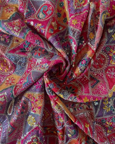 Multicoloured Thread With Gold Sequence Traditional Embroidery On Pink Viscose Georgette Fabric