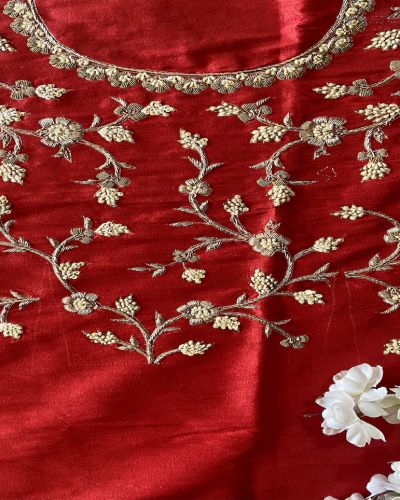 Red Zardozi Dabka Hand Embroidered Unstitched Blouse Piece