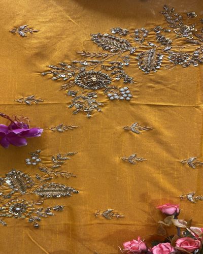 Yellow Aari & Zardozi Gota & Dabka Hand Embroidered Unstitched Blouse Piece