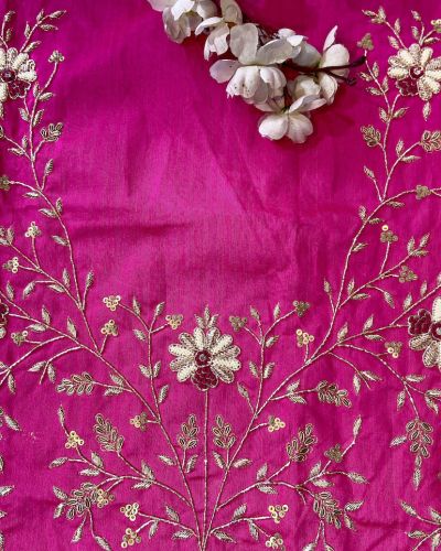 Pink Zardozi Work Hand Embroidered Unstitched Blouse Piece