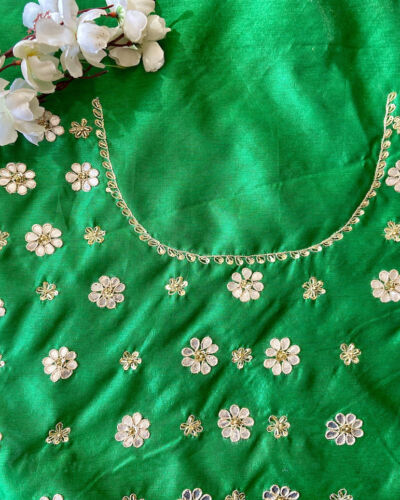 All Over Buta Design Hand Embroidered On Green Unstitched Blouse Piece