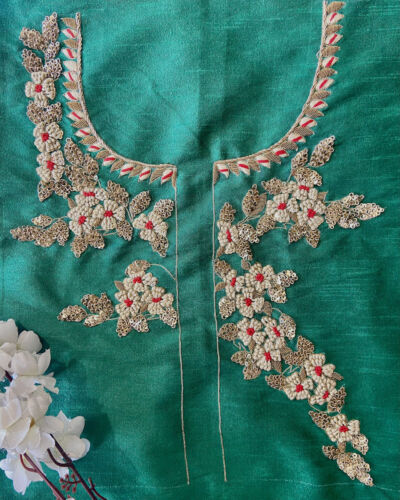 Green Zardozi & Thread Work Bird Pattern Hand Embroidered Unstitched Blouse Piece
