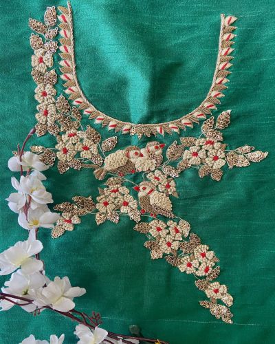 Green Zardozi & Thread Work Bird Pattern Hand Embroidered Unstitched Blouse Piece