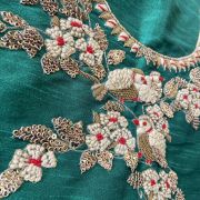 Green Zardozi & Thread Work Bird Pattern Hand Embroidered Unstitched Blouse Piece